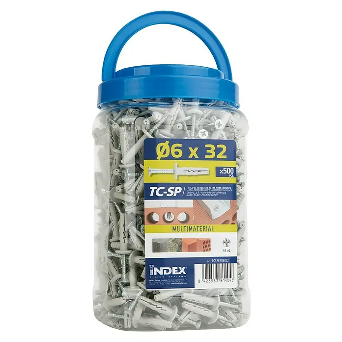 Index Taco de expansión TCSPEP06040 - Ø x L: 6 x 40 mm, 500 ud. - Bote de 500 unidades de anclajes de impacto Ø6x32 mm INDEX TC-SP, ideal para diversos materiales.