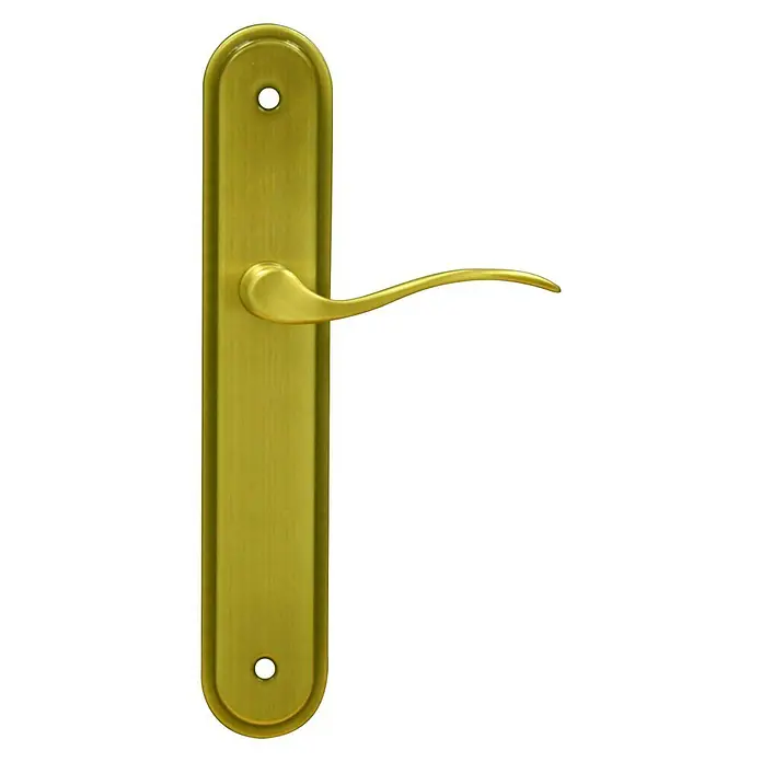 Conjunto de picaporte 1037 - Latón puldo - Un juego de manilla dorada con una palanca elegante y una placa posterior alargada, perfecto para interiores modernos.