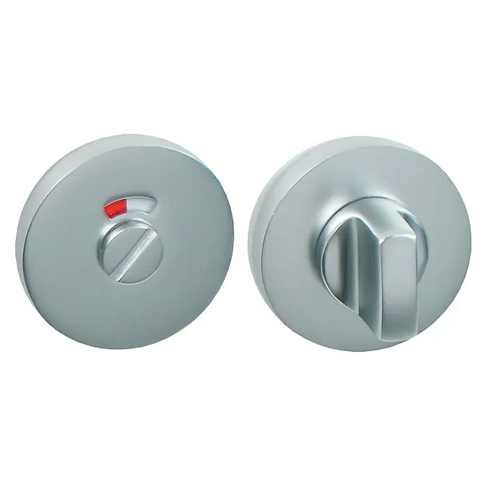 Condena - Diámetro: 49 mm, Plateado, Puertas para WC - Indicador de bloqueo de puerta de WC de metal plateado con indicador de ocupado rojo y un pomo para baños o aseos.