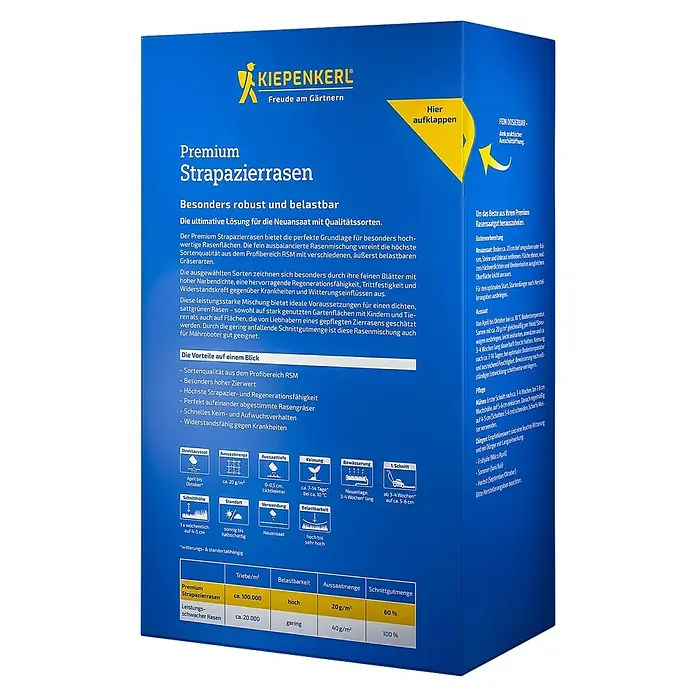 Kiepenkerl Profi-Line Strapazierrasensamen Premium - 2 kg, 100 m² - Eine blaue Packung Kiepenkerl Premium Strapazierrasen, die eine robuste Rasenmischung mit Qualitätssorten verspricht.