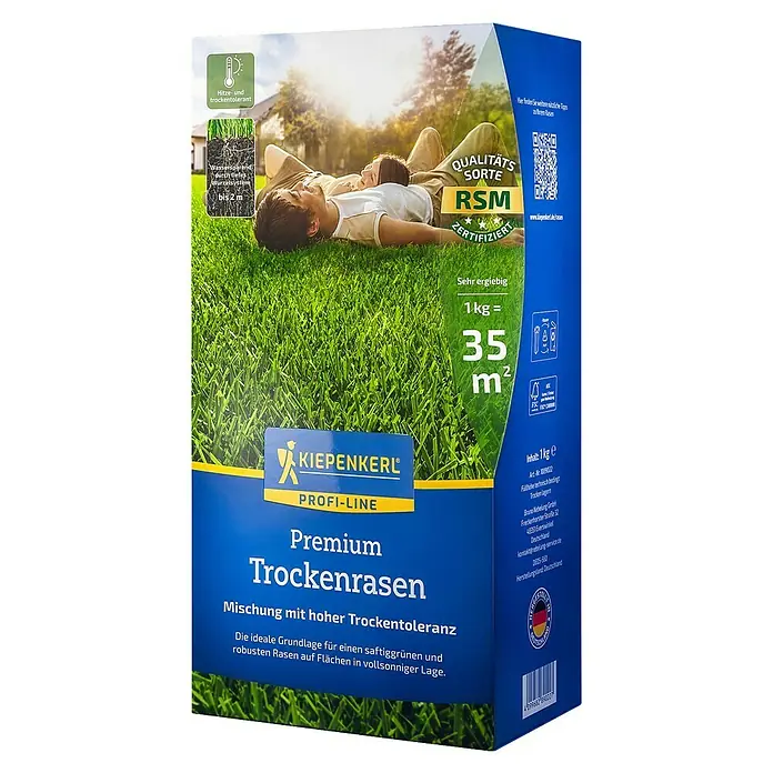 Kiepenkerl Profi-Line Rasensamen Premium - 1 kg, 35 m² - Produktbild des Kiepenkerl Premium Trockenrasen, einer Rasenmischung mit hoher Trockentoleranz für einen robusten Rasen in sonniger Lage.