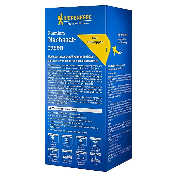 Kiepenkerl Profi-Line Nachsaat-Rasen Premium - 0,5 kg, 25 m² - Produktbild Kiepenkerl Premium Nachsaatrasen: Hochwertige Rasensamenmischung für dichten, strapazierfähigen Rasen.