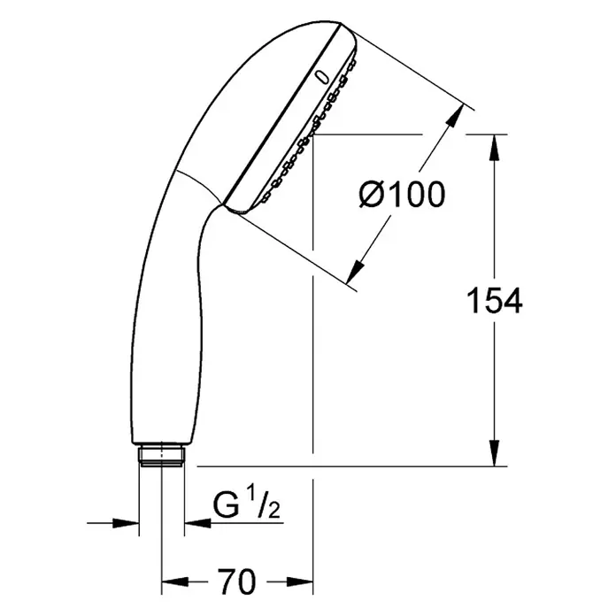 Grohe Tempesta 100 Handbrause - Anzahl Funktionen: 2 Stk., 9,5 l/min, Chrom - Abbildung eines Duschkopfs mit Maßangaben, inklusive Durchmesser und Gesamtlänge.