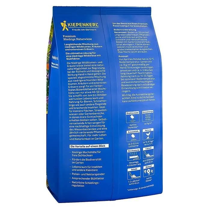 Kiepenkerl Profi-Line Wildblumensamen Premium niedrige Naturwiese - 0,25 kg, 30 m² - KIEPENKERL Premium Niedrige Naturwiese: Eine langblühende Mischung für naturnahe Begrünung, die Ästhetik und Ökologie vereint.