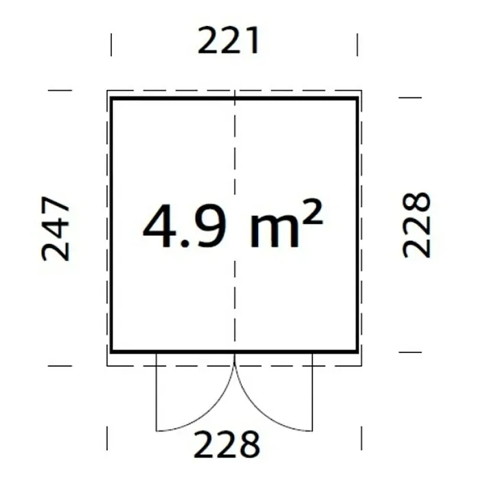 Palmako Gerätehaus Elias - Außenbreite inkl. Dachüberstand: 228 cm, Außentiefe inkl. Dachüberstand: 247 cm, Holz, Hellbraun - Grundrisszeichnung eines kleinen quadratischen Raumes mit einer Fläche von 4,9 m² und einer Tür.