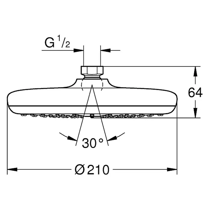 Grohe Tempesta 210 Kopfbrause - Durchmesser: 21 cm, 20 l/min, Chrom - Technische Zeichnung eines Duschkopfes mit den Maßen G 1/2, 64 mm Höhe, 30° Winkel und Ø 210 mm Durchmesser.