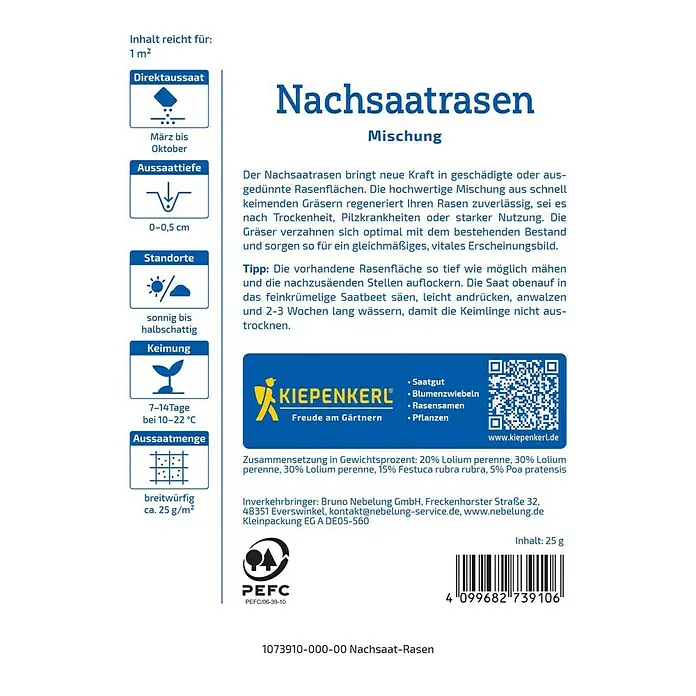Nachsaat-Rasen - 25 g, 1 m² - Bild einer Packung Nachsaatrasen-Mischung von Kiepenkerl. Die Rasenmischung verspricht eine schnelle Regeneration geschädigter Rasenflächen.