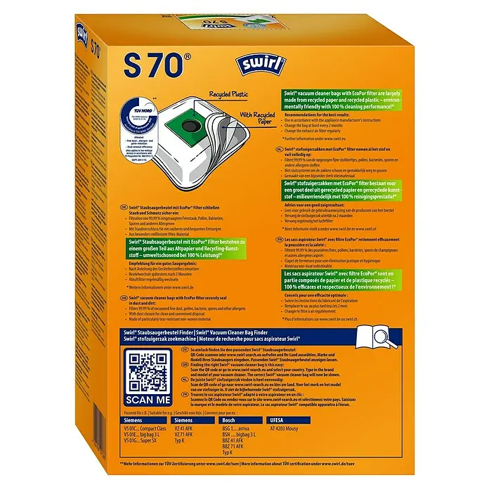 Swirl Staubsaugerbeutel S 70 MicroPor® - Passend für: Staubsauger von Bosch/Privileg/Siemens, 4 Stk. - Verpackung der Swirl S 70 Staubsaugerbeutel, hergestellt aus Recyclingpapier und -kunststoff, umweltfreundlich und leistungsstark.