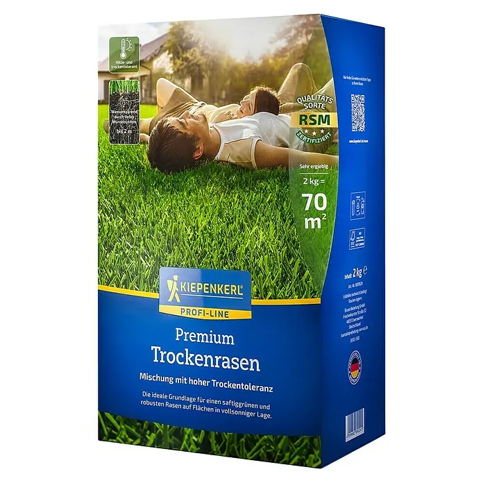 Kiepenkerl Profi-Line Rasensamen Premium - 2 kg, 70 m² - Premium Trockenrasen von Kiepenkerl, eine hitze- und trockenheitsresistente Rasenmischung für sonnige Lagen, ideal für einen robusten, grünen Rasen.