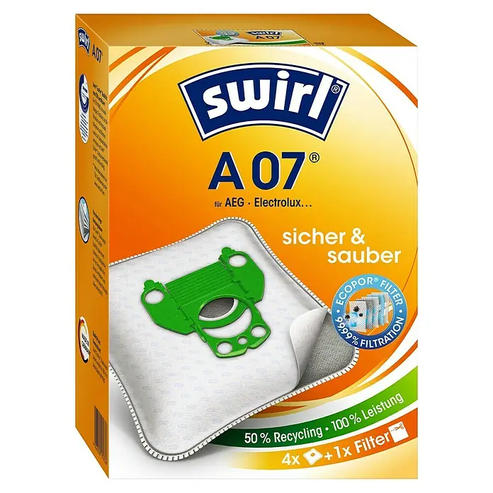 Swirl Staubsaugerbeutel A 07 EcoPor - 4 Stk., Passend für: AEG Staubsauger - Eine Packung Swirl A07 Staubsaugerbeutel, passend für AEG und Electrolux Staubsauger, mit 99,99% Filtration und 50% Recyclinganteil.
