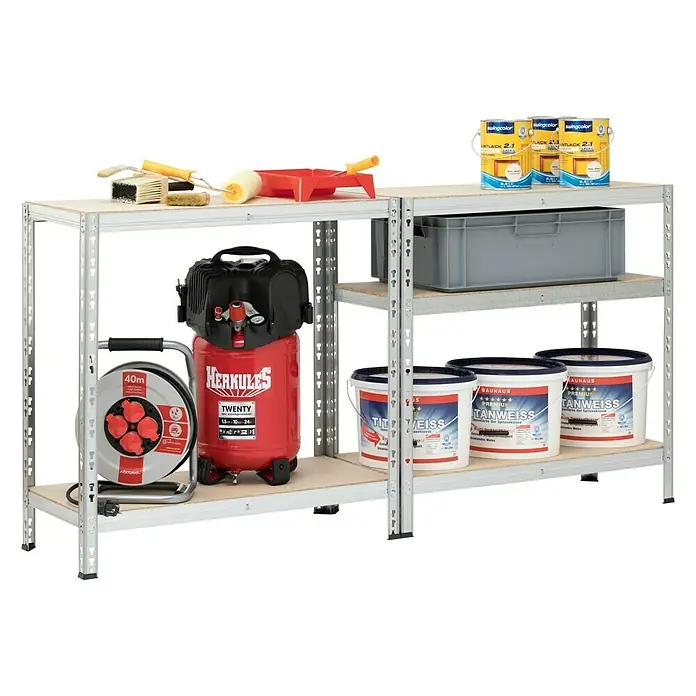 Regalux Metallregal Maderclick - H x B x T: 180 x 90 x 40 cm, Traglast pro Boden: 150 kg, Anzahl Böden: 5 Stk., Stecken, Silber - Ein Regal voller Werkzeuge, Farbeimer, einer Kabeltrommel und einem Kompressor, ideal für jede Werkstatt.