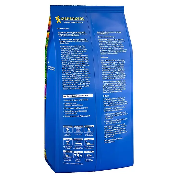 Kiepenkerl Wildblumensamen Blumenwiese - 1 kg, 100 m² - Detailansicht der Blumenwiesen-Samenpackung von Kiepenkerl mit Anweisungen zu Aussaat, Pflege und den Vorteilen der Blumenwiese.