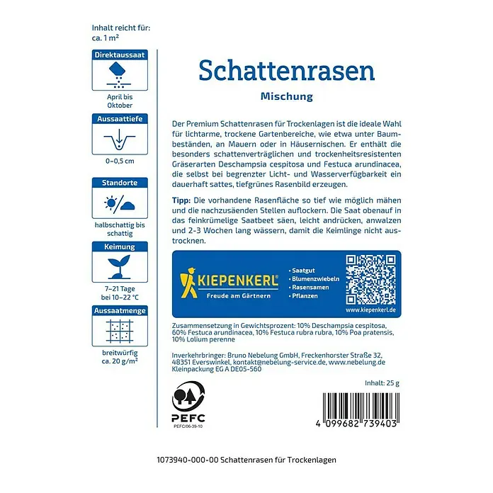 Kiepenkerl Schattenrasensamen Premium trocken - 25 g, 1 m² - Bild der Schattenrasen-Mischung von Kiepenkerl, geeignet für trockene Standorte. Enthält Informationen zu Aussaat und Inhaltsstoffen.