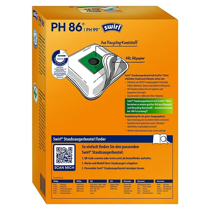 Swirl Staubsaugerbeutel PH 86/99 EcoPor - 4 Stk., Passend für: Staubsauger von AEG/Electrolux/Philips - Produktverpackung von Swirl PH 86 Staubsaugerbeuteln mit EcoPor Filter, hergestellt aus Altpapier und Recycling-Kunststoff für Staubsauger.