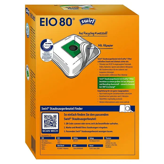 Swirl Staubsaugerbeutel EIO 80 Micropor® - Passend für: Staubsauger von Dirt Devil/Edeka/EIO/Koenic/Thomas, 4 Stk. - Die Swirl EIO 80 Staubsaugerbeutelpackung mit EcoPor Filter sorgt für saubere Luft und ist umweltschonend dank Recycling-Kunststoff.