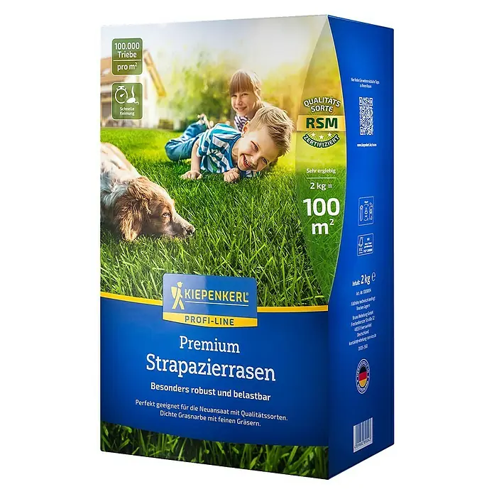 Kiepenkerl Profi-Line Strapazierrasensamen Premium - 2 kg, 100 m² - Produktbild einer Packung Kiepenkerl Profi-Line Premium Strapazierrasen, ideal für eine robuste und belastbare Rasenfläche.