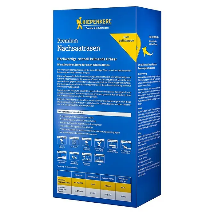 Kiepenkerl Profi-Line Nachsaat-Rasen Premium - 1 kg, 50 m² - Kiepenkerl Premium Nachsaatrasen: Hochwertige Rasensamenmischung für einen dichten, strapazierfähigen Rasen. Ideal zur Reparatur und Neuansaat.