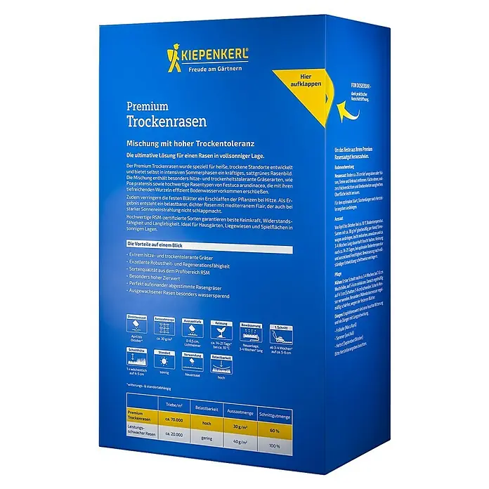 Kiepenkerl Profi-Line Rasensamen Premium - 2 kg, 70 m² - Produktbild einer Packung Kiepenkerl Premium Trockenrasen-Mischung mit hoher Trockentoleranz, ideal für sonnige Lagen.