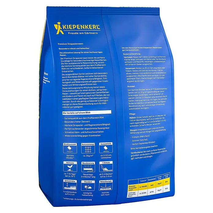 Kiepenkerl Profi-Line Strapazierrasensamen Premium - 4 kg, 200 m² - Ein blauer Sack Kiepenkerl Premium Strapazierrasen, der eine robuste und strapazierfähige Lösung für hochwertigen Rasen bietet.