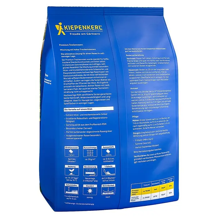 Kiepenkerl Profi-Line Rasensamen Premium - 4 kg, 140 m² - Produktdetails des Kiepenkerl Premium Trockenrasens, einer Rasenmischung mit hoher Trockentoleranz für sonnige Lagen.