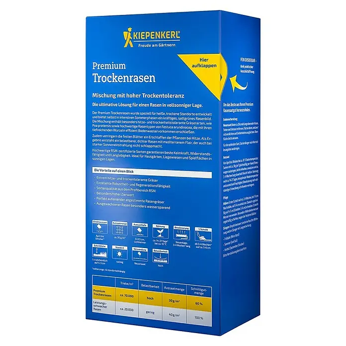 Kiepenkerl Profi-Line Rasensamen Premium - 1 kg, 35 m² - Premium Trockenrasen: Eine spezielle Rasenmischung für sonnige Lagen, die Trockenheit und Hitze widersteht und ein sattes Grün bietet.