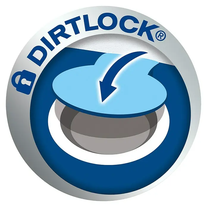 Swirl Staubsaugerbeutel S 70 MicroPor® - Passend für: Staubsauger von Bosch/Privileg/Siemens, 4 Stk. - Das Dirtlock-Logo zeigt ein blaues Wolken-Symbol mit einem Pfeil nach unten, umrandet von einem blauen Kreis mit einem Schloss-Symbol.