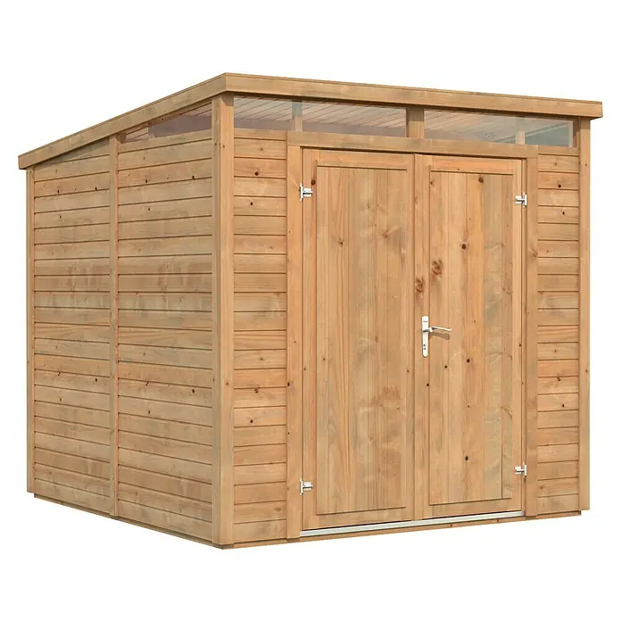 Palmako Gerätehaus Elias - Außenbreite inkl. Dachüberstand: 228 cm, Außentiefe inkl. Dachüberstand: 247 cm, Holz, Hellbraun - Ein geräumiges Holzgartenhaus mit Doppeltüren und Oberlichtern. Ideal zur Aufbewahrung von Gartengeräten.