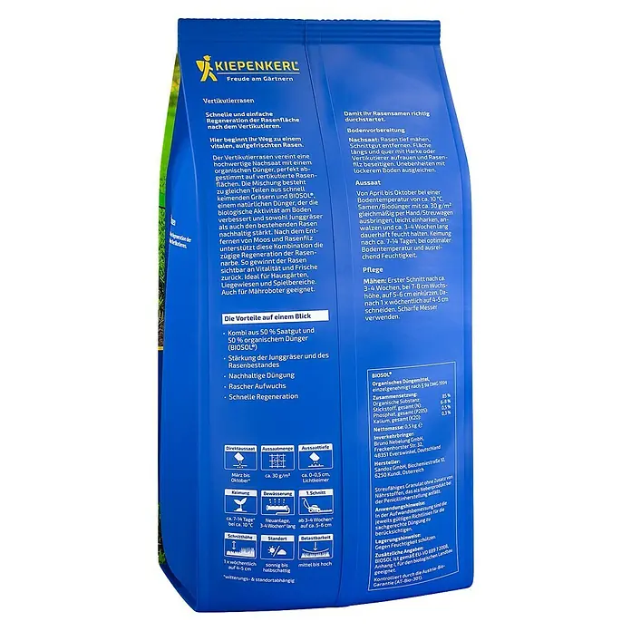 Kiepenkerl Nachsaat-Rasen Vertikutiermix - 1 kg, 30 m² - Bild einer Kiepenkerl Vertikutierrasen-Packung, die eine schnelle Rasenregeneration nach dem Vertikutieren verspricht.