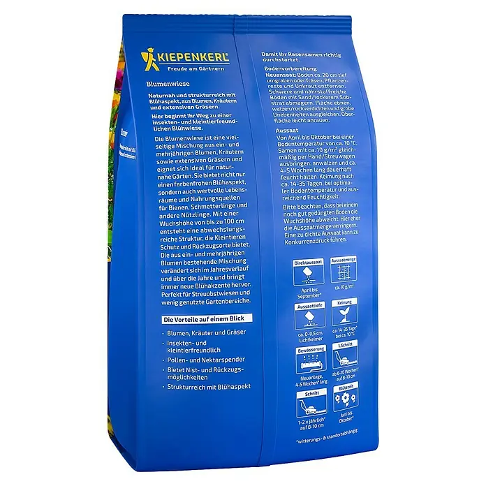 Kiepenkerl Wildblumensamen Blumenwiese - 0,25 kg, 25 m² - Abbildung einer Kiepenkerl-Blumenwiese-Samenpackung. Strukturreiche Naturmischung aus Blumen, Kräutern und Gräsern.