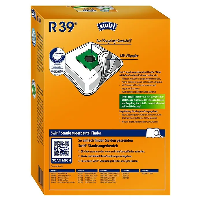 Swirl Staubsaugerbeutel R 39 Micropor® Plus - Passend für: Staubsauger von Rowenta, 4 Stk. - Abbildung einer Packung Swirl R39 Staubsaugerbeutel aus Recycling-Kunststoff mit EcoPor Filter, geeignet für verschiedene Staubsaugermodelle.