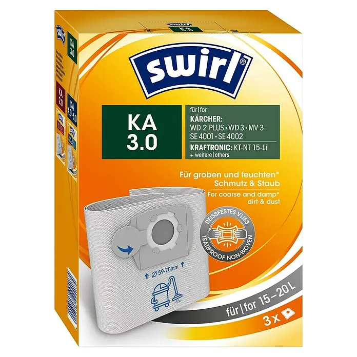 Swirl Staubsaugerbeutel KA 3.0 - 3 Stk., Passend für: Kärcher Sauger - Bild der Swirl KA 3.0 Staubsaugerbeutelpackung, geeignet für Kärcher- und Kraftronic-Modelle, mit 3 Beuteln für 15-20L Inhalt.
