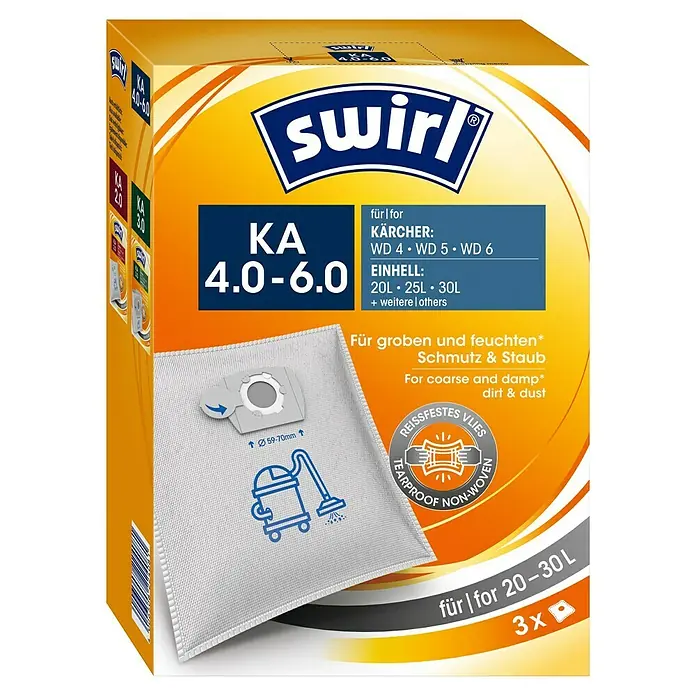 Swirl Staubsaugerbeutel KA 4.0-6.0 - 3 Stk., Passend für: Kärcher Sauger - Staubsaugerbeutel der Marke Swirl, Modell KA 4.0-6.0, passend für Kärcher WD 4, WD 5 und WD 6, für 20-30L.