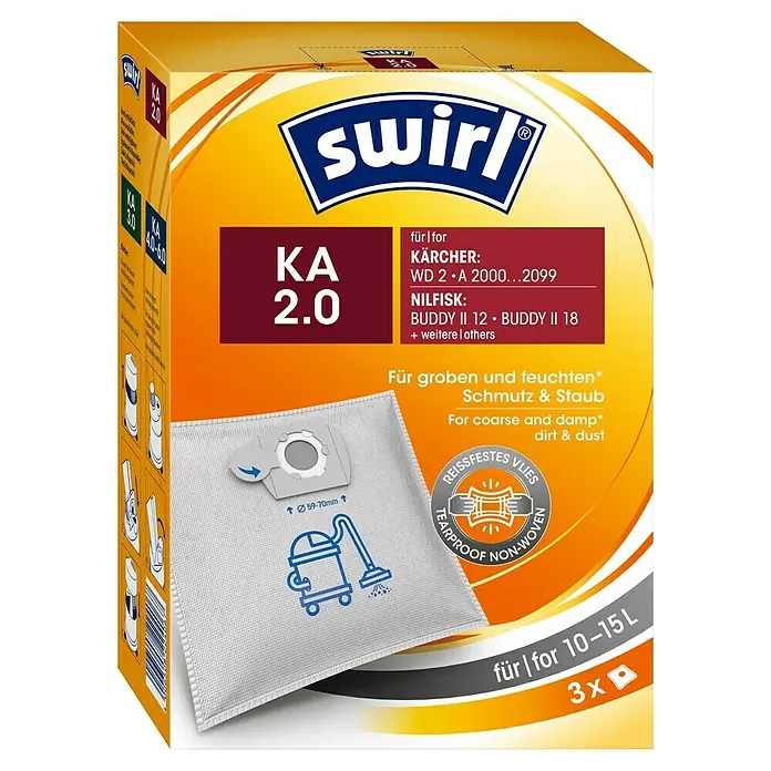Swirl Staubsaugerbeutel KA 2.0 - Passend für: Staubsauger von Kärcher/Nilfisk, 3 Stk. - Swirl KA 2.0 Staubsaugerbeutel für Kärcher WD 2 und Nilfisk Buddy II, geeignet für groben und feuchten Schmutz, 3 Stück für 10-15L Staubsauger.
