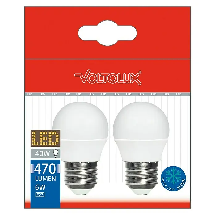 Voltolux Bombilla LED - E27, No regulable, Blanco frío, 470 lm, 6.500 K, 6 W, 2 ud. - Paquete de dos bombillas LED VoltOLUX de 6W, 470 lúmenes, base E27 y luz blanca fría de 6500K para iluminación eficiente energéticamente.