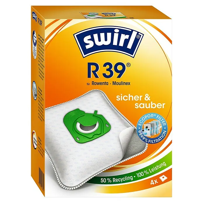 Swirl Staubsaugerbeutel R 39 Micropor® Plus - Passend für: Staubsauger von Rowenta, 4 Stk. - Verpackung Swirl R39 Staubsaugerbeutel für Rowenta und Moulinex mit hoher Filtration und Recyclingfähigkeit.