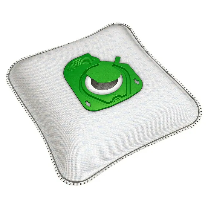 Swirl Staubsaugerbeutel R 39 Micropor® Plus - Passend für: Staubsauger von Rowenta, 4 Stk. - Bild einer Staubsaugerbeutel mit einer grünen Plastikhalterung. Der Beutel ist weiß und hat ein feines Muster.