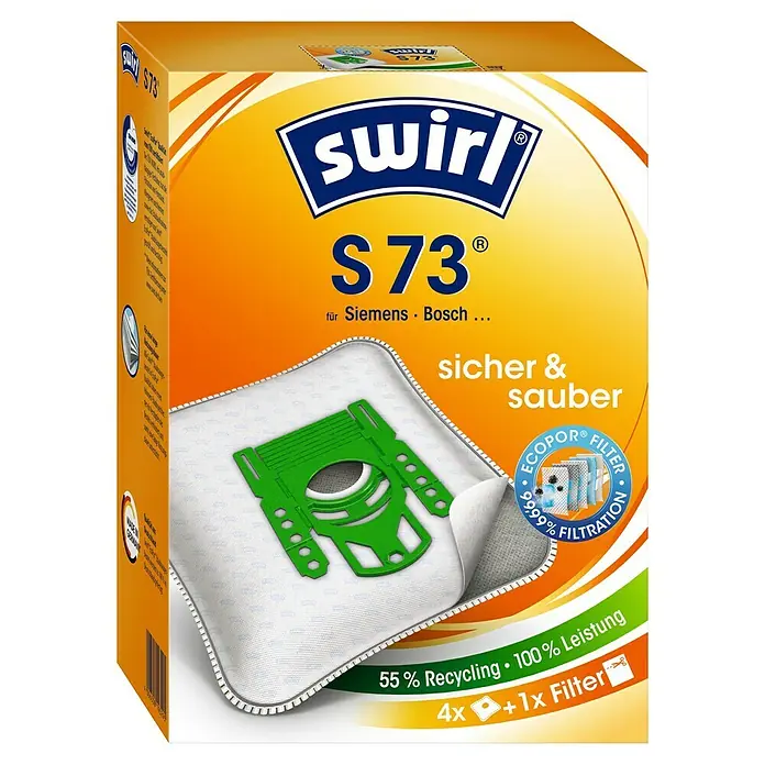 Swirl Staubsaugerbeutel S 73 MicroPor® Plus - 4 Stk., Passend für: Staubsauger von Bosch/Siemens - Abbildung einer Packung Swirl S73 Staubsaugerbeutel, passend für Siemens und Bosch Staubsauger, mit hoher Filterleistung.