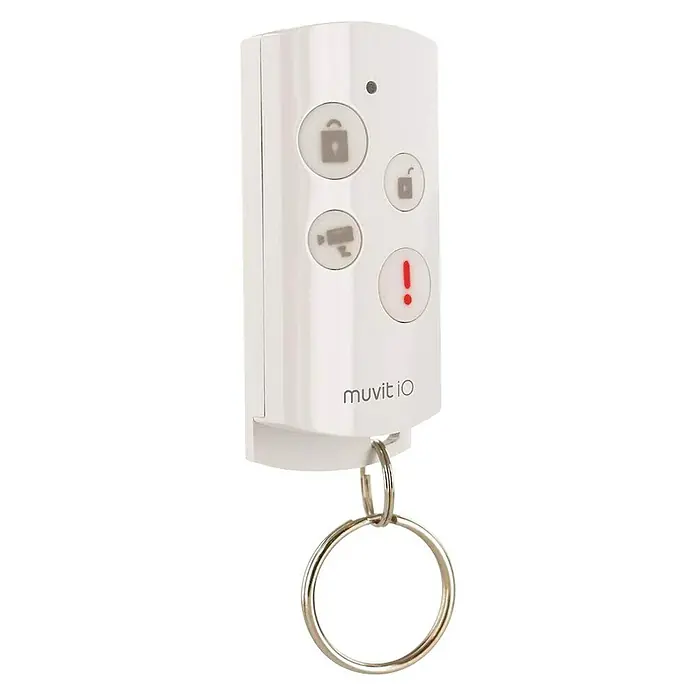 Muvit iO Control remoto para sistema de alarma - Blanco - Primer plano de un llavero blanco Muvit iO con cuatro botones y un llavero.