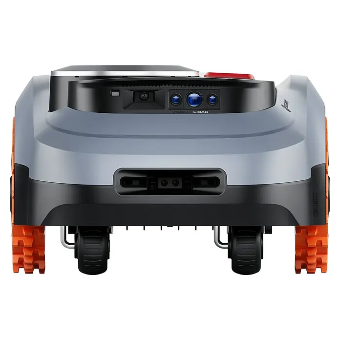 Segway Mähroboter Navimow I220E LiDAR - 2.000 m², Schnittbreite: 22 cm, Laser-gestützte Navigation, LiDAR - Rückansicht eines Rasenmähroboters mit LiDAR-Technologie und markanten orangefarbenen Raupenketten für optimalen Grip.