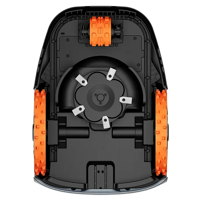 Segway Mähroboter Navimow I208E AWD - 800 m², Schnittbreite: 18 cm, Satellitengestützte Navigation, GPS - Unterseite eines Robotermähers mit orangefarbenen Rädern und Klingen. Einblicke in die Konstruktion dieses autonomen Rasenpflegegeräts.