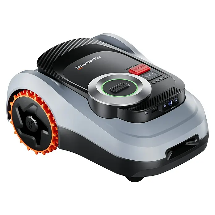 Segway Mähroboter Navimow I220E LiDAR - 2.000 m², Schnittbreite: 22 cm, Laser-gestützte Navigation, LiDAR - Das Bild zeigt einen Navimow i220 LiDAR Robotermäher in Grau und Schwarz mit orangen Akzenten.