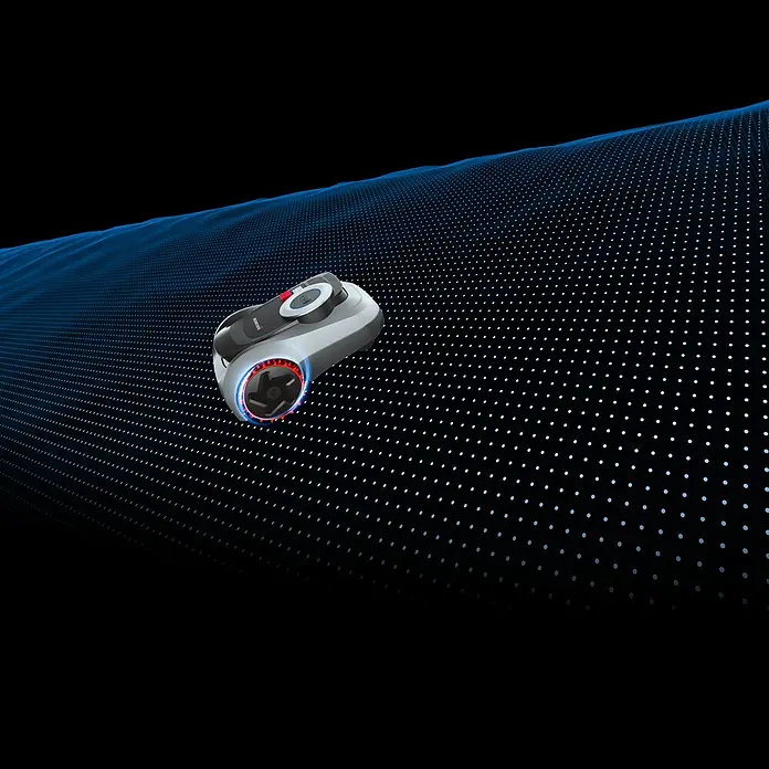 Segway Mähroboter Navimow I220E LiDAR - 2.000 m², Schnittbreite: 22 cm, Laser-gestützte Navigation, LiDAR - Das Bild zeigt einen Robotermäher auf einem futuristischen, dunklen Hintergrund mit blauem Gittermuster. Der Mäher ist grau mit roten Akzenten.
