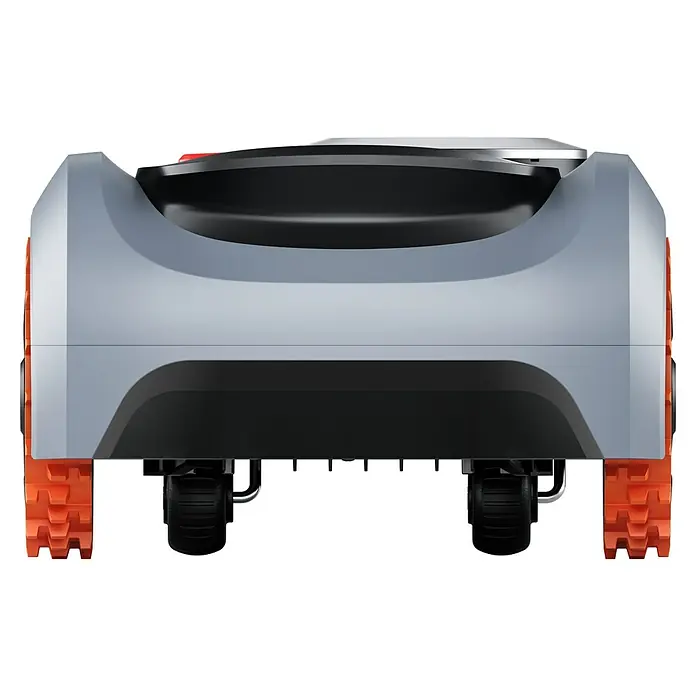 Segway Mähroboter Navimow I220E LiDAR - 2.000 m², Schnittbreite: 22 cm, Laser-gestützte Navigation, LiDAR - Rückansicht eines Mähroboters mit Raupenantrieb, der für unebenes Gelände geeignet ist und eine präzise Rasenpflege ermöglicht.