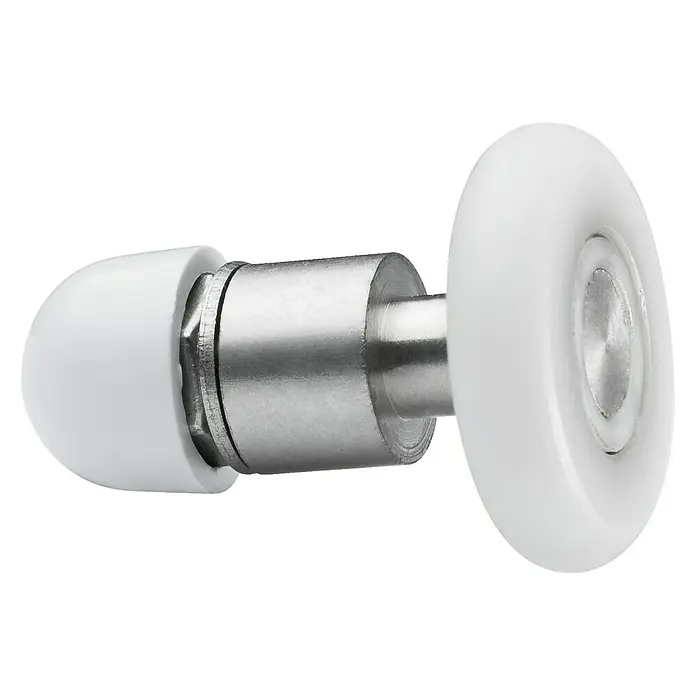 Rodamiento para mampara de ducha A10 - Gris, Específico para: Mampara de ducha esquinera Ada - Primer plano de un rodillo de cabina de ducha con rueda blanca y eje plateado, diseñado para un deslizamiento suave.