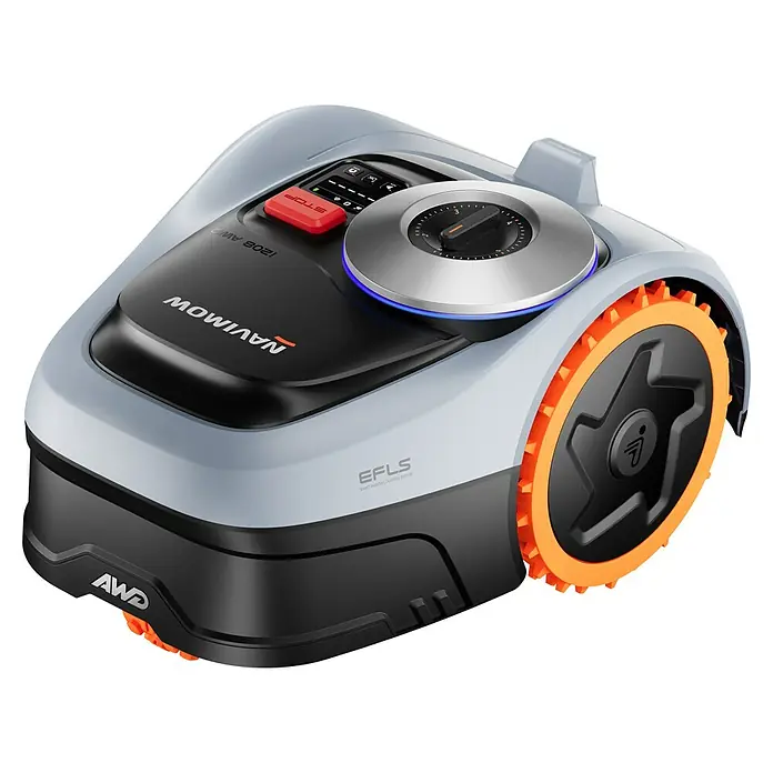 Segway Mähroboter Navimow I208E AWD - 800 m², Schnittbreite: 18 cm, Satellitengestützte Navigation, GPS - Hier ist ein Navimow Mähroboter mit orangefarbenen Akzenten, der innovative Technologie mit modernem Design verbindet.