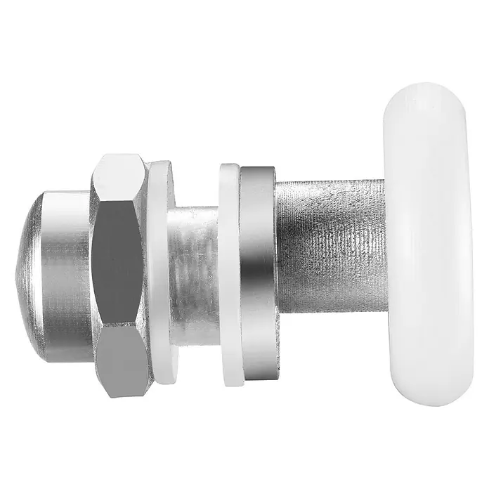 Rodamiento para mampara de ducha A50 - Plata brillo, Específico para: Mampara de ducha esquinera Nova - Primer plano de un perno con tornillo, arandela y rueda de plástico blanco. Ideal para reparaciones de muebles y proyectos de bricolaje.