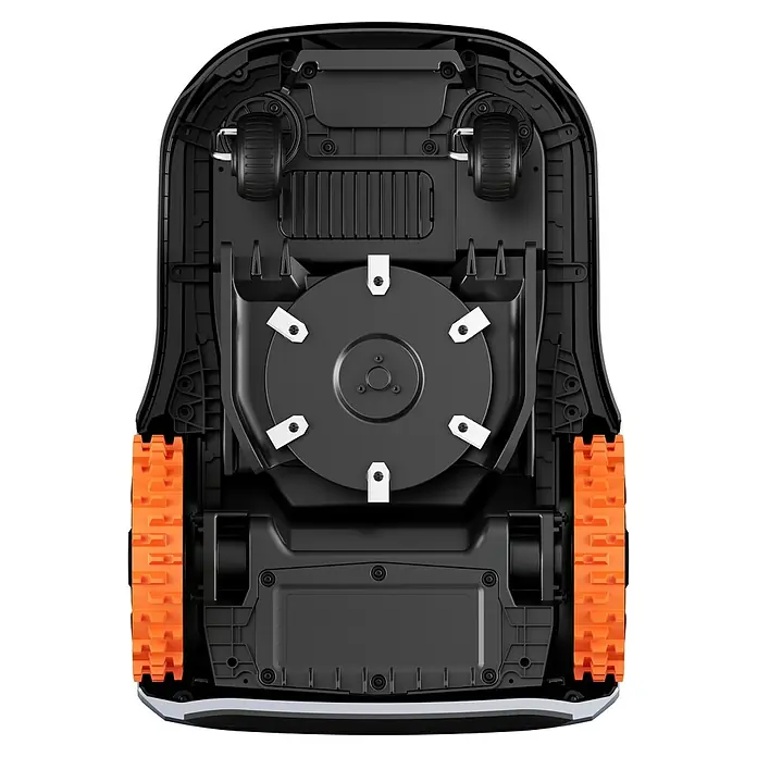 Segway Mähroboter Navimow I220E LiDAR - 2.000 m², Schnittbreite: 22 cm, Laser-gestützte Navigation, LiDAR - Unterseite eines Rasenmähroboters mit Messer und orangefarbenen Raupenketten. Ein Blick auf die innovative Mäh-Technik.