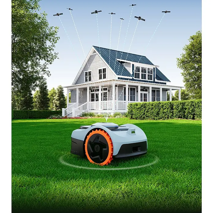 Segway Mähroboter Navimow I208E AWD - 800 m², Schnittbreite: 18 cm, Satellitengestützte Navigation, GPS - Der Rasenmähroboter im Einsatz mit Satelliten im Hintergrund. Für einen perfekt gepflegten Rasen ohne Aufwand.