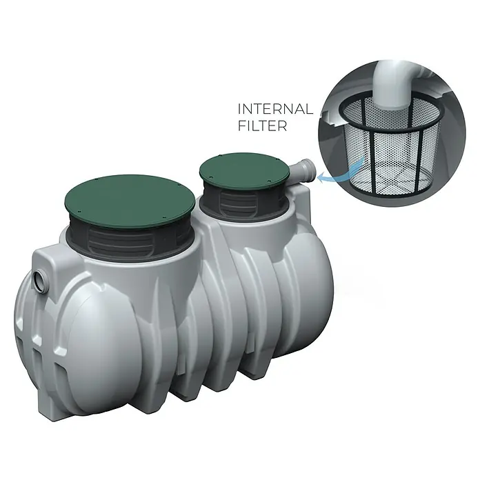Regenwassertank Unground 1000 - Gesamt Fassungsvermögen: 1.000 l, 1 Stk., Grau - Produktansicht eines Regenwassertanks mit internem Filter zur Reinigung von Regenwasser vor der Speicherung.