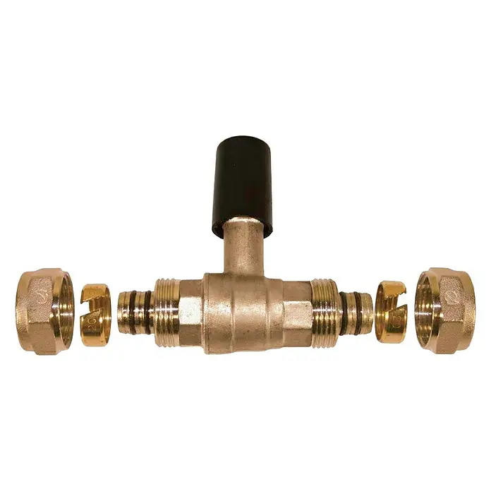 Isoltubex Válvula esférica de compresión - 16 mm, Latón - La imagen muestra una válvula en T con mango negro y conexiones de latón. Ideal para instalaciones de fontanería con control preciso.